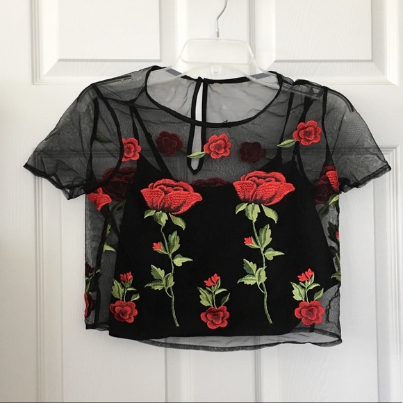 black mesh top with roses